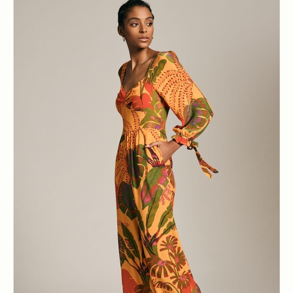 NWT_Farm Rio x Anthropologie Orange Tropical Sweetheart Jumpsuit Size L